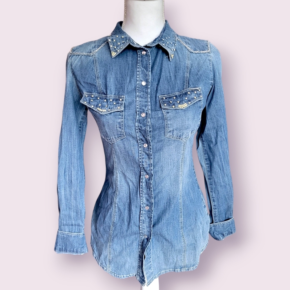 Denim Rhinestone Studded Women's Button Down Jacket